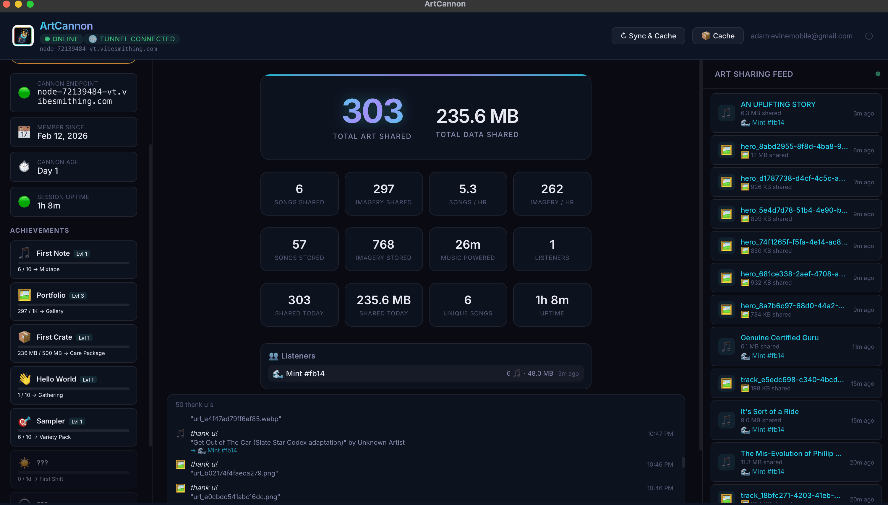 ArtCannon node operator view — achievements, listeners, and the real-time thank you feed