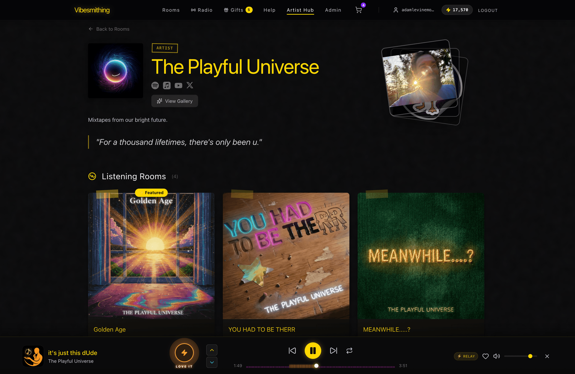 Artist profile page with rooms and music