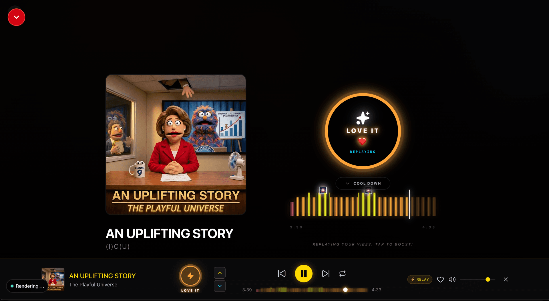 A listening room with album art, player, and live chat