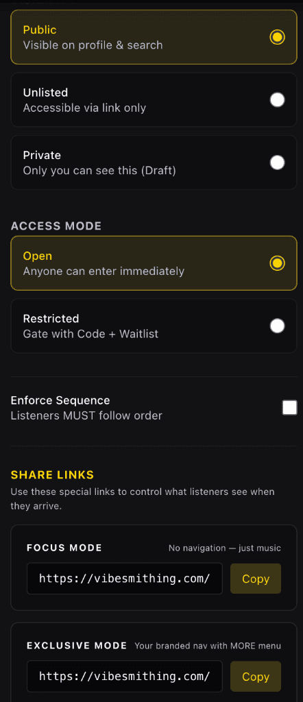 Access control settings showing visibility and share link options